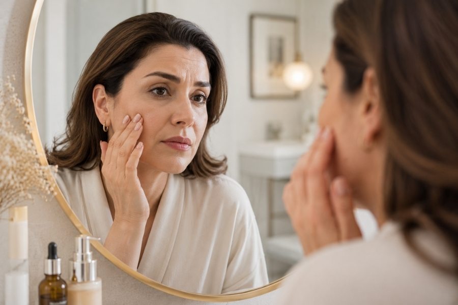 یک خانم روبروی اینه به چروک صورتش نگاه میکند